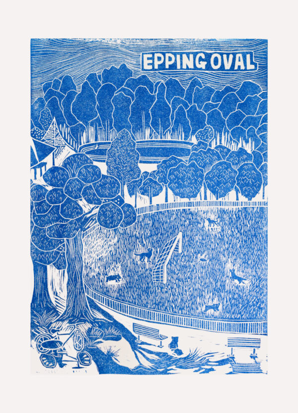 [Blue] Epping Oval Original Linocut Print with oil-based ink [unframed]