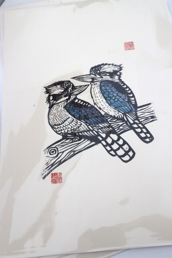 Kookaburras Original Linocut Print with oil-based ink [unframed] - Image 2