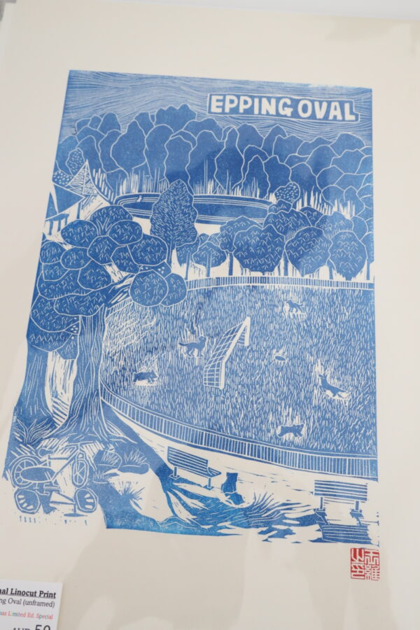 [Blue] Epping Oval Original Linocut Print with oil-based ink [unframed] - Image 2