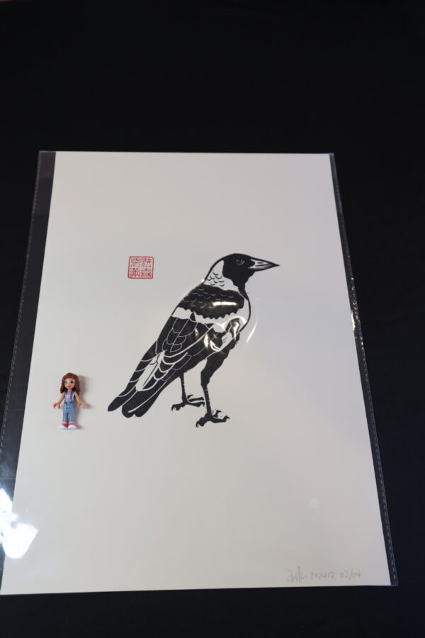 Baby Magpie Original Linocut Print with oil-based ink [unframed] - Image 2