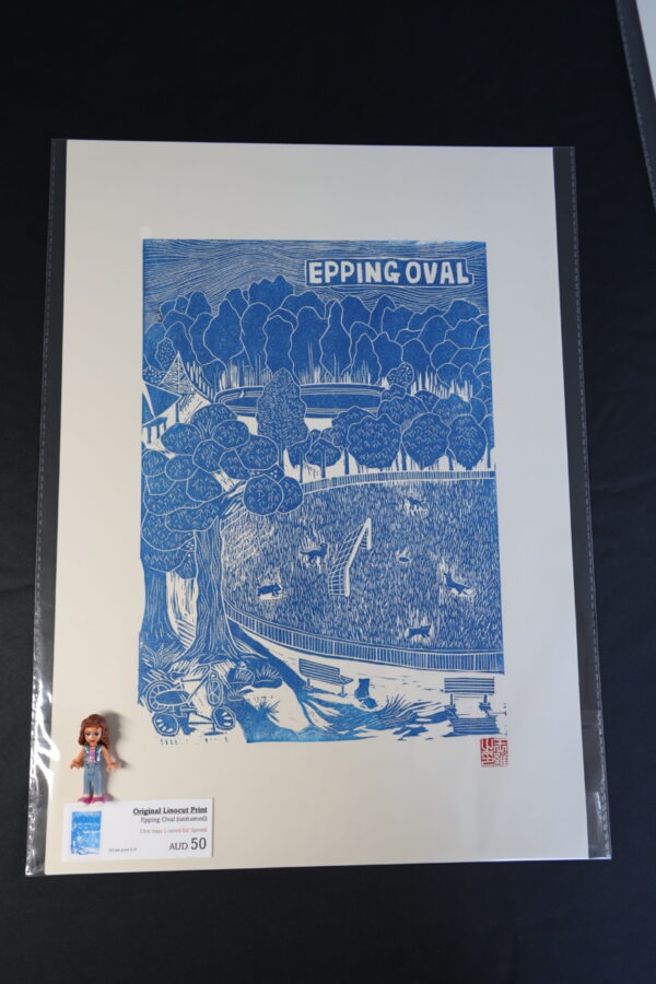 [Blue] Epping Oval Original Linocut Print with oil-based ink [unframed] - Image 3