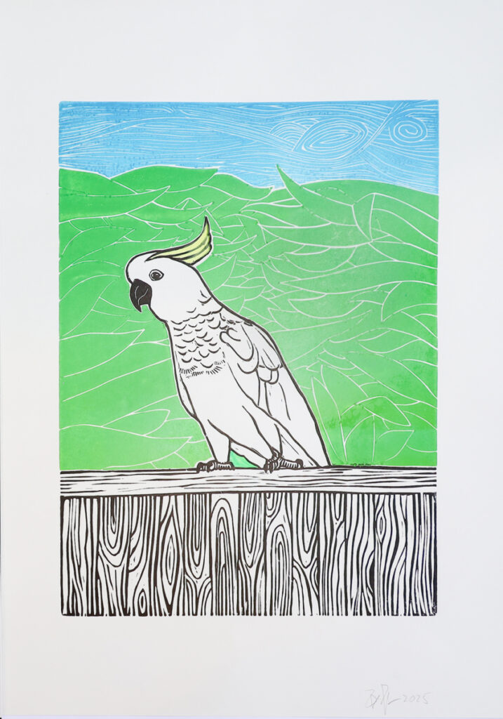 Sulphur-crested Cockatoo Visits - Original Linocut Print [unframed]