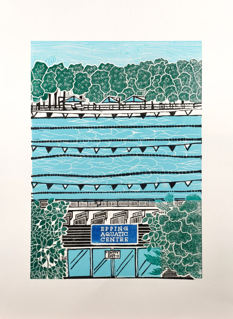 Epping Aquatic Centre/Dence Park Original Linocut Print with oil-based ink [unframed]