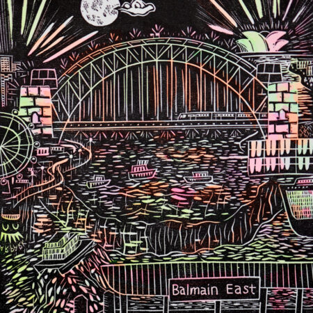 Lights Up View from Balmain East Original Linocut Print
