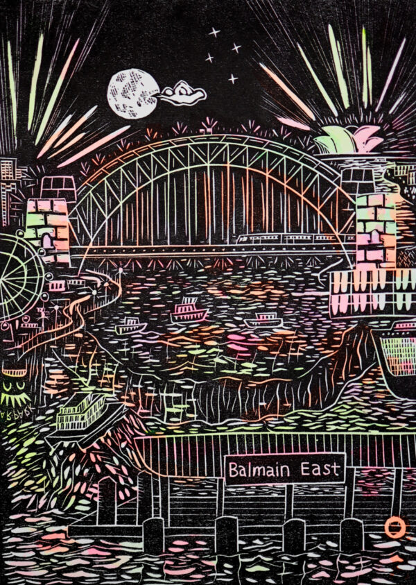 Lights Up View from Balmain East Original Linocut Print