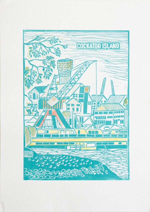 Cockatoo Island Viewed from Birkenhead Point Original Linocut Print - Image 5