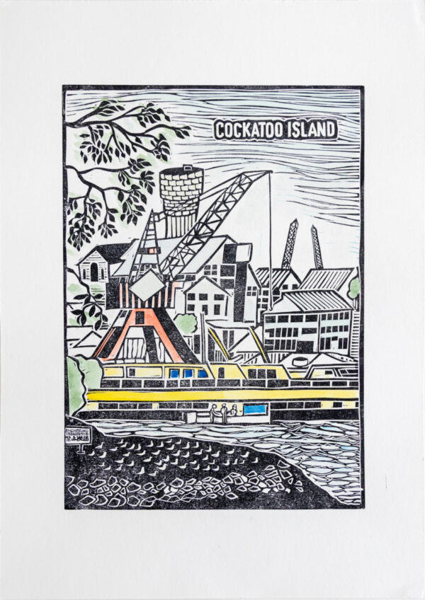 Cockatoo Island Viewed from Birkenhead Point Original Linocut Print - Image 6