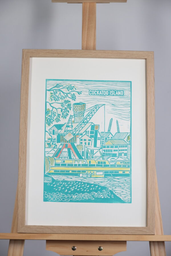 Cockatoo Island Viewed from Birkenhead Point Original Linocut Print - Image 3