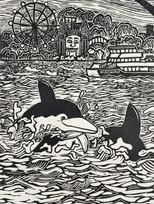 Dolphins in Sydney Harbour Original Linocut Print