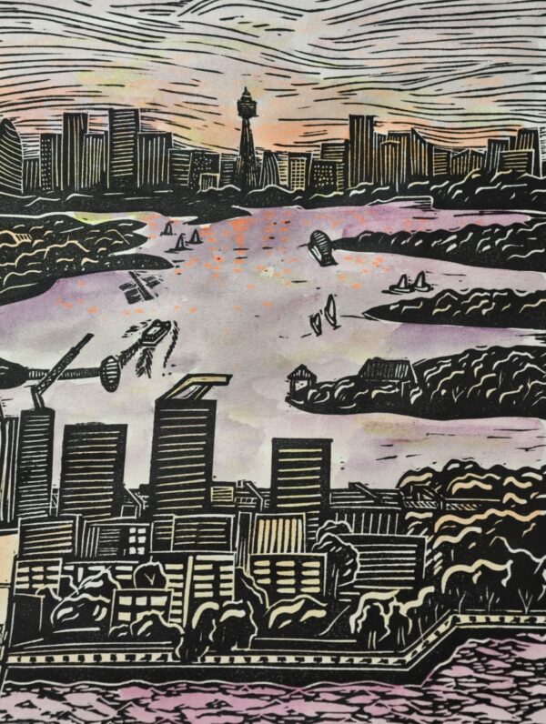 Rhodes Skyline Original Linocut Print