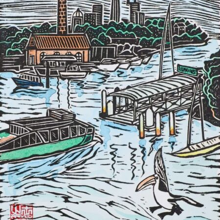 Balmain West Wharf from Rozelle Original Linocut Print