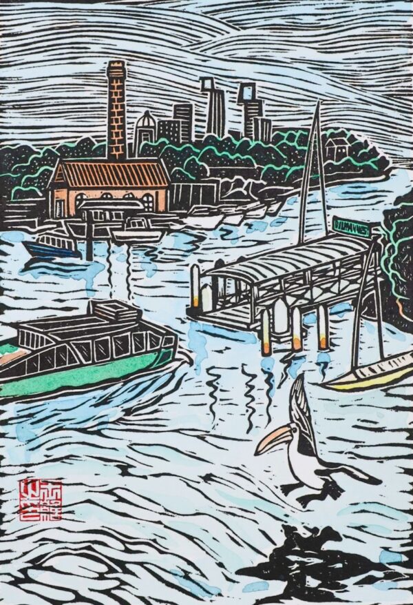 Balmain West Wharf from Rozelle Original Linocut Print
