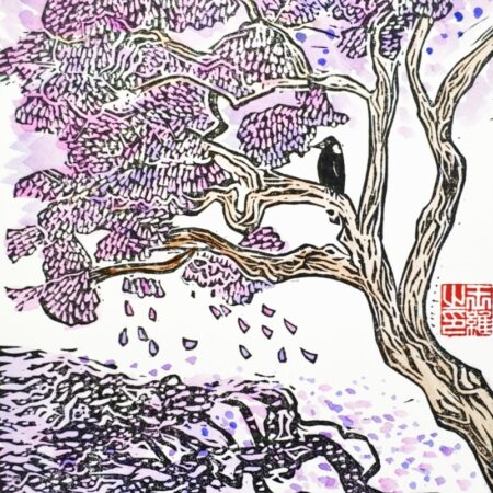Magpie on Jacaranda Original Linocut Print