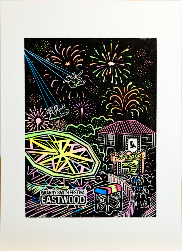 Eastwood Fireworks Granny Smith Festival Original Linocut Print